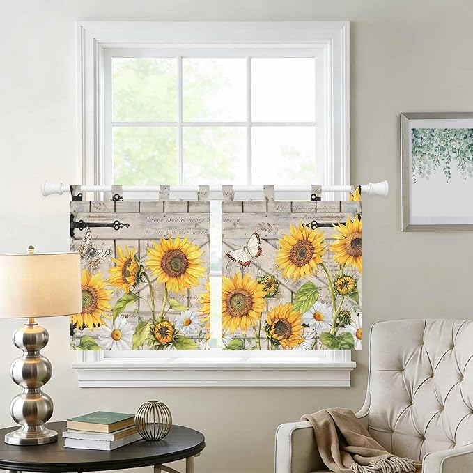 Farm Flowers Kitchen Curtains 36 Inch Length, Small Window Curtains Tab Top - Image 2