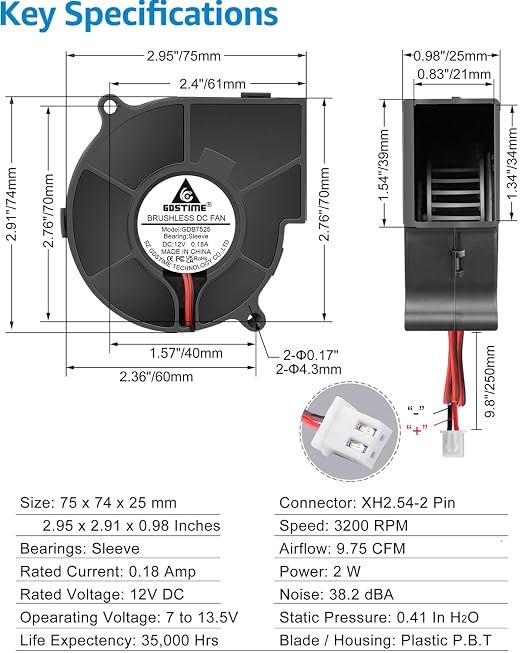 GDSTIME 75mm x 25mm Blower 12V, 7525 DC Brushless Turbo Cooling Fan 2-Pin 2-Pack - Image 3