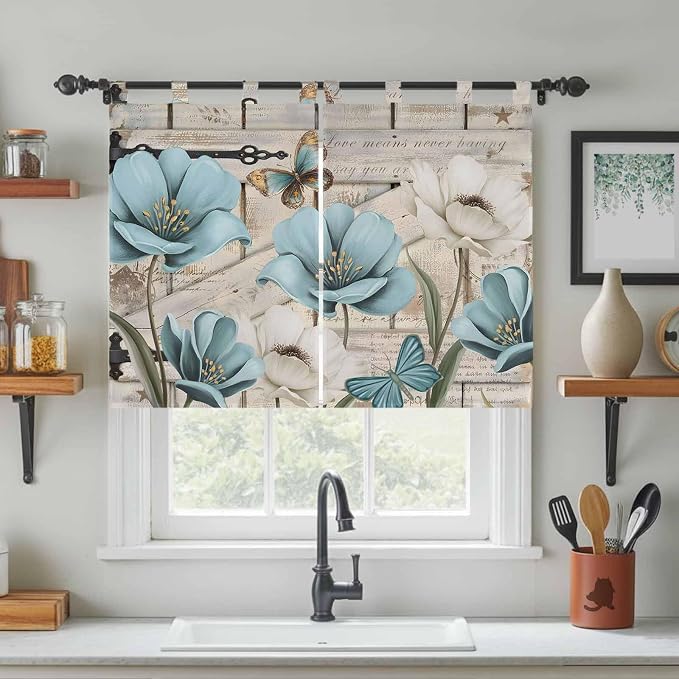 Teal Blue Tulips Bedroom Curtains 63 Inch Length, Window Curtains Tab Top - Image 3