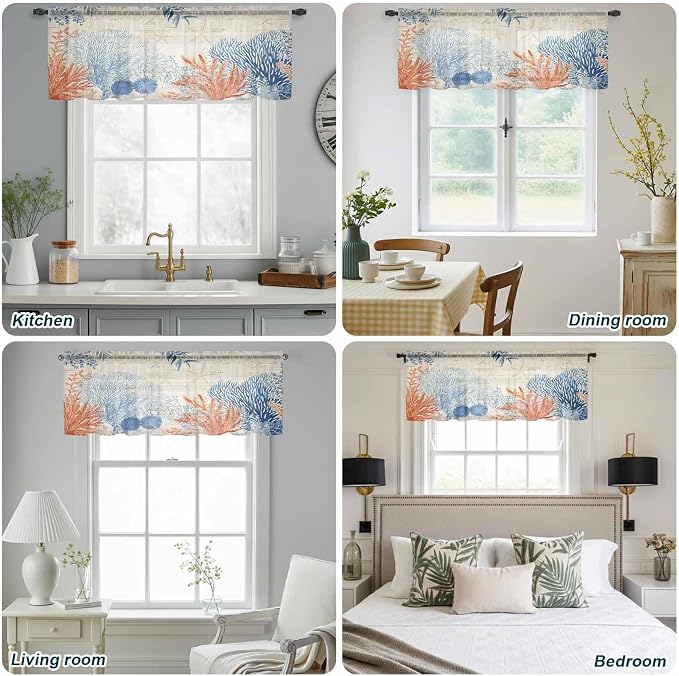 Ocean Corals Sheer Valance Curtains, Summer Beach Coral Sea Stars Retro Texture - Image 9