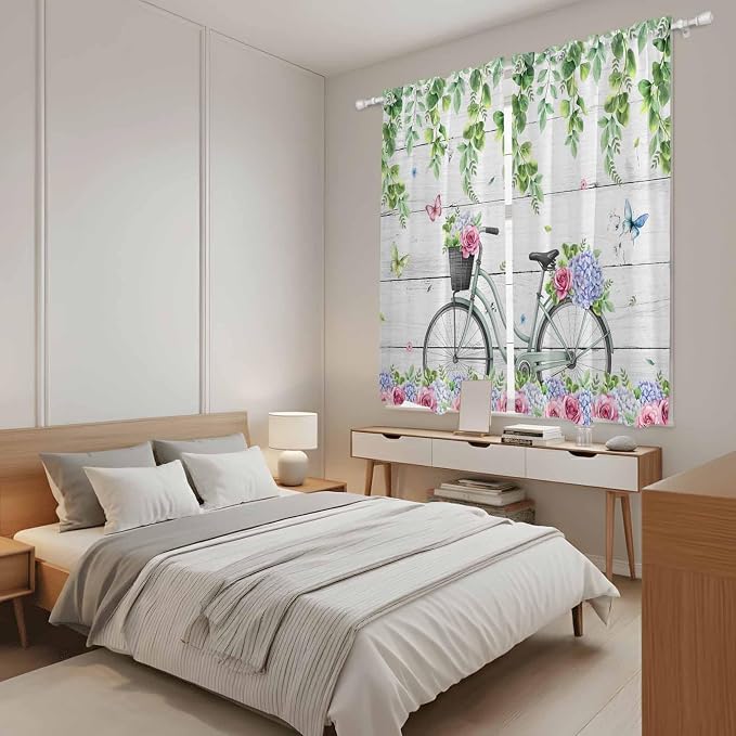 Spring Kitchen Curtains, Bicycles Botanical Rose Leaves Butterfly Wood Grain - Image 4