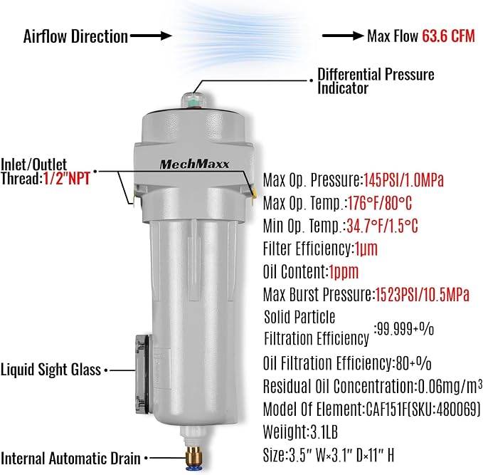 63 CFM Compressed Air Oil-Water Separator Precision Filter, Oil Content 0.01ppm - Image 2