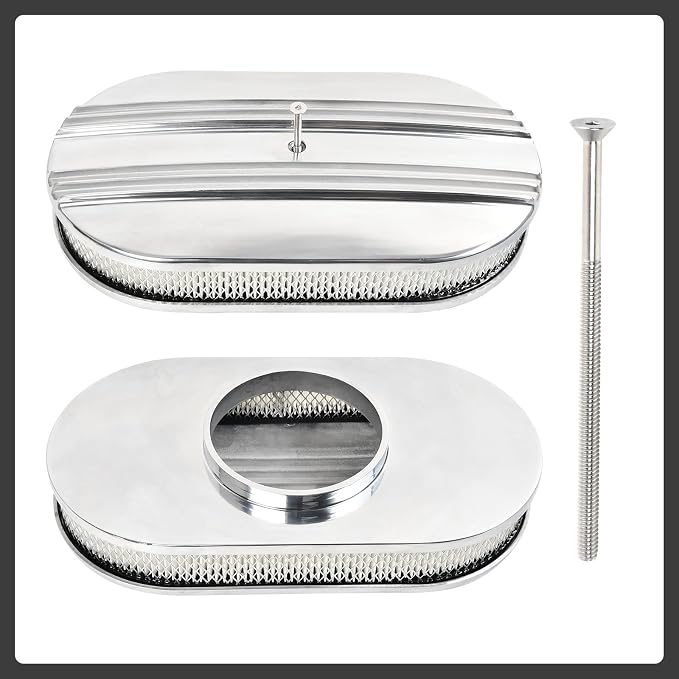 15" Polished Aluminum Air Cleaner Assembly Kit Alloy Oval Partial Half Finned - Image 2