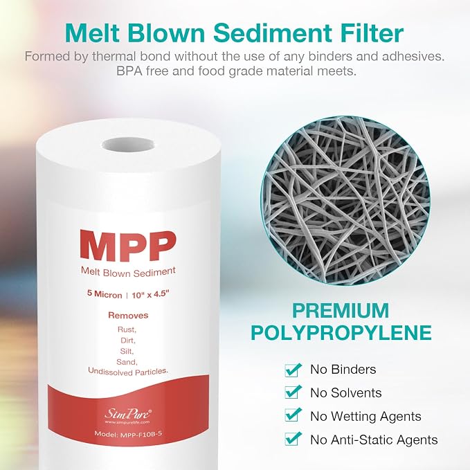 SimPure Sediment Water Filters, 5 Micron 10" x 4.5" Whole House Water Filter - Image 3