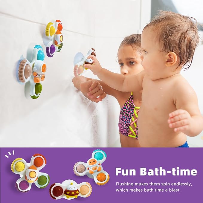 LiKee Strong Suction Cup Fidget Rotating Sensory Bath Toys for Baby Christmas Stocking Stuffers, Airplane Car Travel Table & Window Toys for Toddler Boys and Girls, 12+ Months