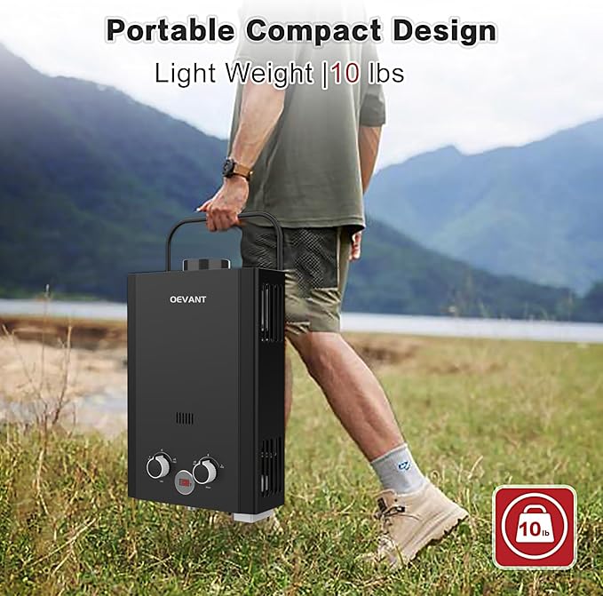 Propane Water Heater, 1.58GPM 6L Portable Tankless Water Heater with Handle & Overheating Protection, Propane Gas, Instant Hot Water for RV Camping, Outdoor Shower (BLACK)