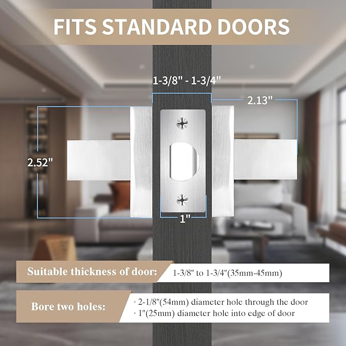Square Passage Door Lever, Heavy Duty Interior Door Handles for Hallway& Closet Non-Locking Door Knob in Satin Nickel Keyless Door Lockset for Right & Left Side Door, 6 Pack