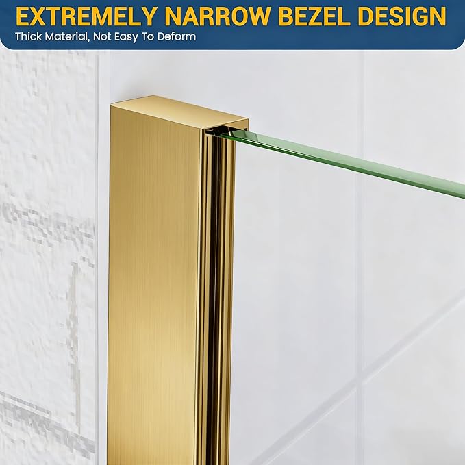 Bathtub Shower Glass Panel, 34" W X 58" H Tub Shower Door Fixed Glass Doors in Brushed Gold with 1/4"(6mm) Clear Tempered Door, Simple Shower Door Panel Easy to Install for Bathroom