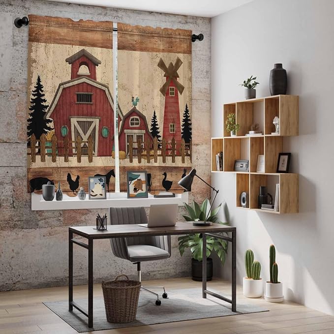 Brown Farmhouse Kitchen Curtains, Vintage Country Animals Wooden Grain Light - Image 6