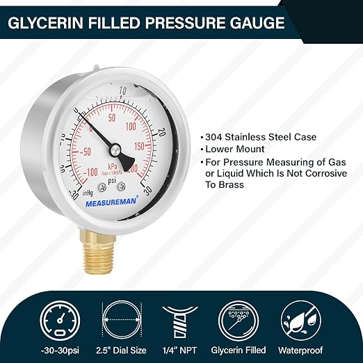 MEASUREMAN 2-1/2" dial, Glycerin Filled, Stainless Steel case, Brass Inside - Image 2