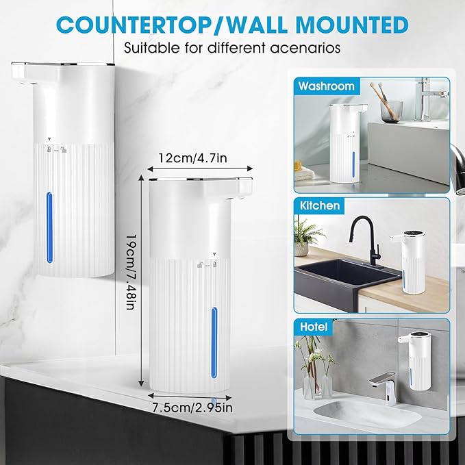 2 Pack Touchless Automatic Soap Dispenser, Smart Sensor Foam Hand Wash Dispenser, USB Rechargeable & Adjustable Customizable for Bathroom Countertop Kitchen Sink, 13.5 oz White Stripes
