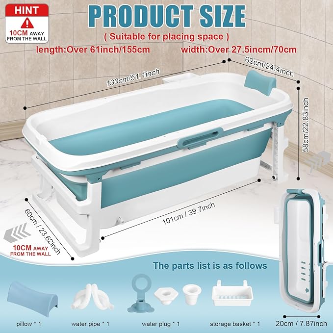 Portable Folding Bathtub for Adults, 51" Foldable Soaking Tub with Thermal Cover & Massage Roller, Large Collapsible Bathtub Freestanding, Ice Bath Tubs for Cold Plunge Spa Home Camping Trave
