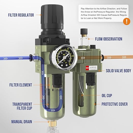 NPT 3/8" Air Regulator with Gauge, Air Compressor Water Separator with - Image 3