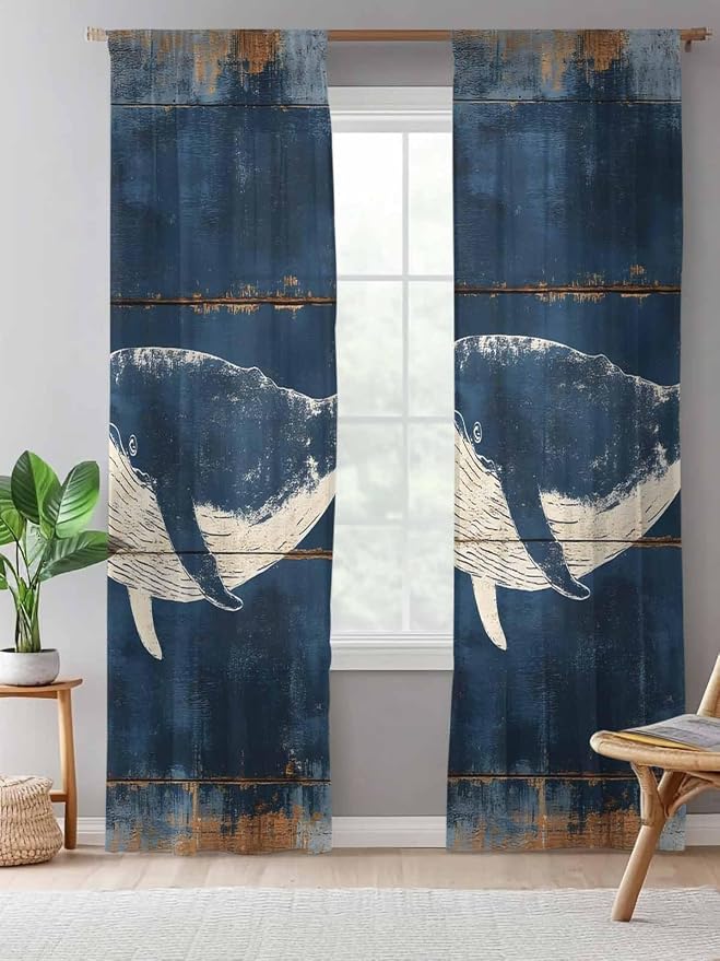 Sheer Curtains 96 Inches Long, Summer Whale Blue Semi Sheer Curtains Light - Image 5
