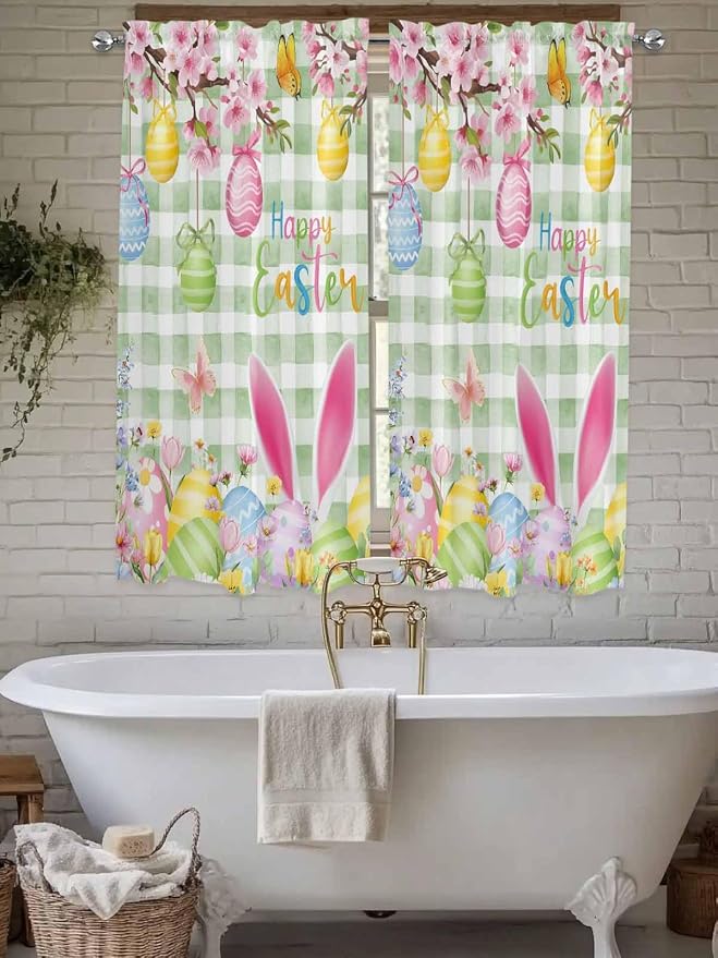 Happy Easter Bedroom Curtains 63 Inches length, Spring Bunny Eggs Flower Sage - Image 7