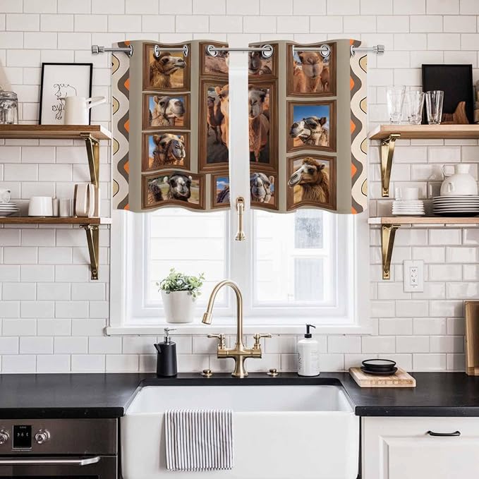 2 Panel Kitchen Cafe Curtains, Desert Camels Sunlight Filtering Nature Air - Image 2