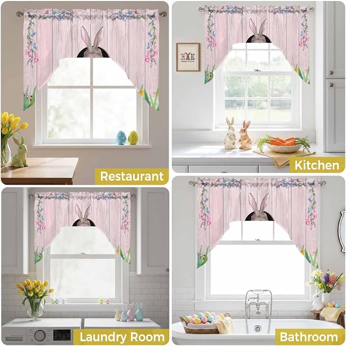Swag Valance Curtains, Easter Cute Rabbit and Colorful Eggs Rod Pocket Valances - Image 6