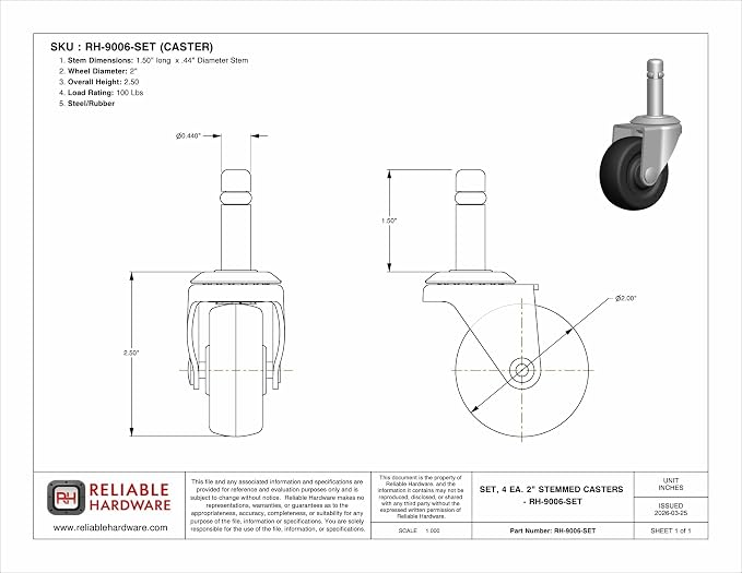 Reliable Hardware Company RH-9006-SET-A Plug Caster Set - Image 4