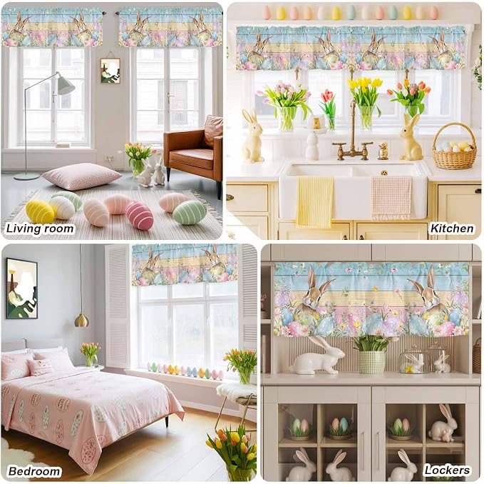 Kitchen Valances for Window, Spring Easter Eggs Rabbit Flower Light Filtering - Image 9