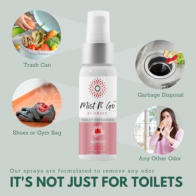 Mist N’ Go by Omaze Travel Bathroom Spray for Toilet Spray Odor Eliminator - Travel Toilet Spray for Bathroom Air Freshener Spray for Bathroom Deodorizer - Blossom Regular Size (2oz x2)