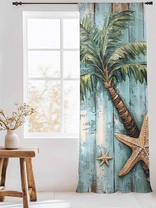 Sheer Curtains 84 Inches Long, Coastal Blue Green Tree Semi Sheer Curtains - Image 3