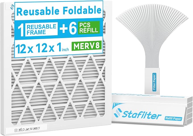 Reusable 12x12x1 Air Filter, 1 Foldable Frame + 6 Refills by Stafilter