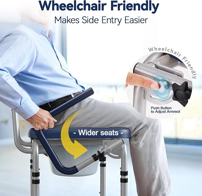 Drop Arm Bedside Commode, Commode Toilet with Padded Seat and Backrest, 400lbs Capacity, 6.3QT Removable Bucket and Splash Guard, Adjustable Height Portable Toilet for Adults, Blue