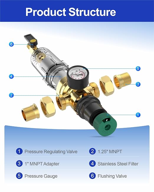 Spin Down Sediment Filter with Water Pressure Regulator, 2 in 1 Whole House - Image 3