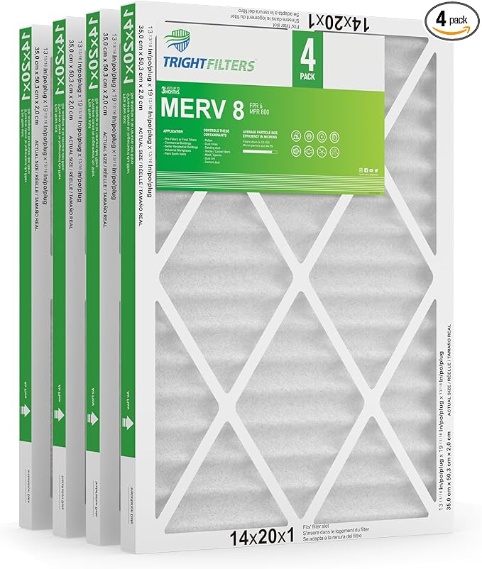 14x20x1 Air Filter 4 Pack, MERV 8 Pleated Dust Defense Air Filters Replacement by TrightFilters