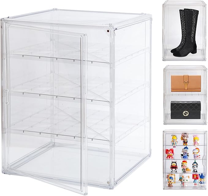 3X-Large 4 Tiers 17.7"X13"X13" Acrylic Display Case with 3 Division Boards, Clear Organizer Box Plastic Holder with Magnetic Door for Handbags, Purses, Boots, Figures, Book