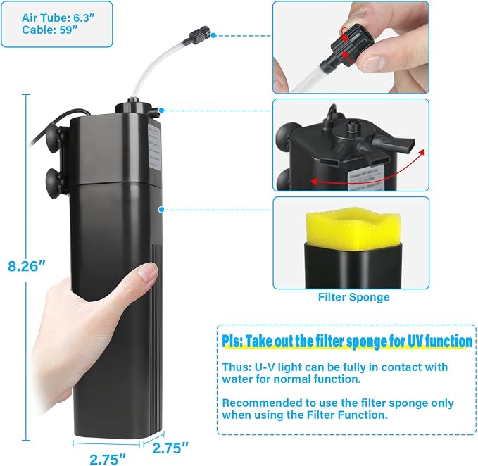 Aquarium U-V Filter for 40-75 Gal, 211 GPH Swirl Turbo Design Submersible - Image 6
