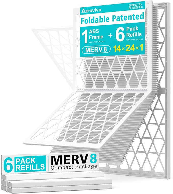 14x24x1 Refillable Air Filter Kit, MERV 8, 1 Reusable Foldable Frame ＆ 6 Refills by AErovivo