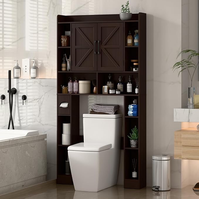Farmhouse Storage Cabinet Over Toilet with Barn Doors，Over The Toilet Storage Cabinet, Home Space-Saving Toilet Rack, for Bathroom, Restroom, Laundry.Espresso