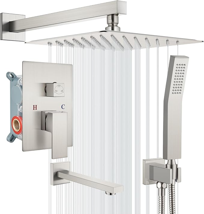 gotonovo Shower System with Tub Spout Wall Mounted Rain Shower Head and Handle Combo Shower Faucet Set with Valve, 12 Inch, Brushed Nickel