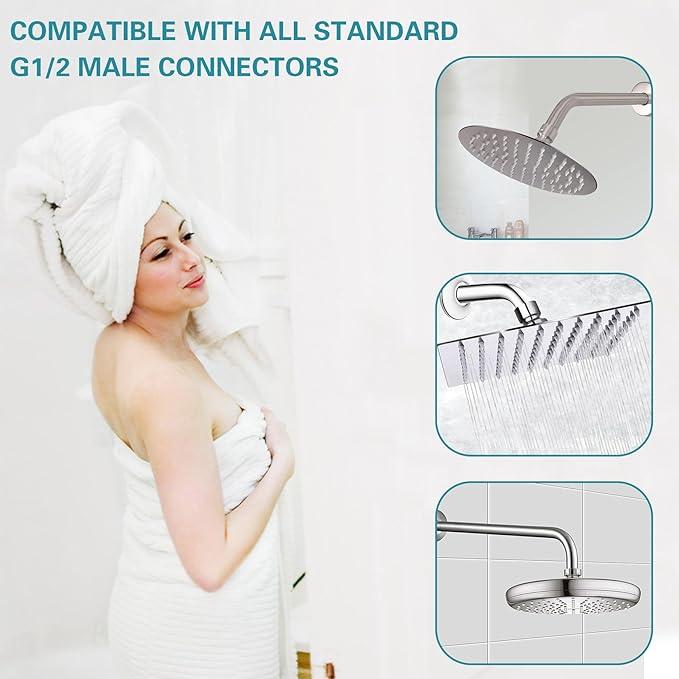 16 Inch Shower Arm with Flange,Stainless Steel 90 Degree Rain Shower Head Extension Arm,Wall-Mounted Shower Head Arm for Fixed Shower Head,Chrome
