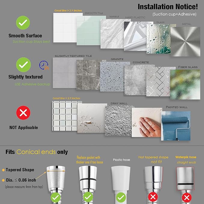 Suction Cup Hand held Shower Head Holder- Reusable - 5 Angles Adjustable - Bathroom Wall Mount Shower Wand Holder - Matte Black