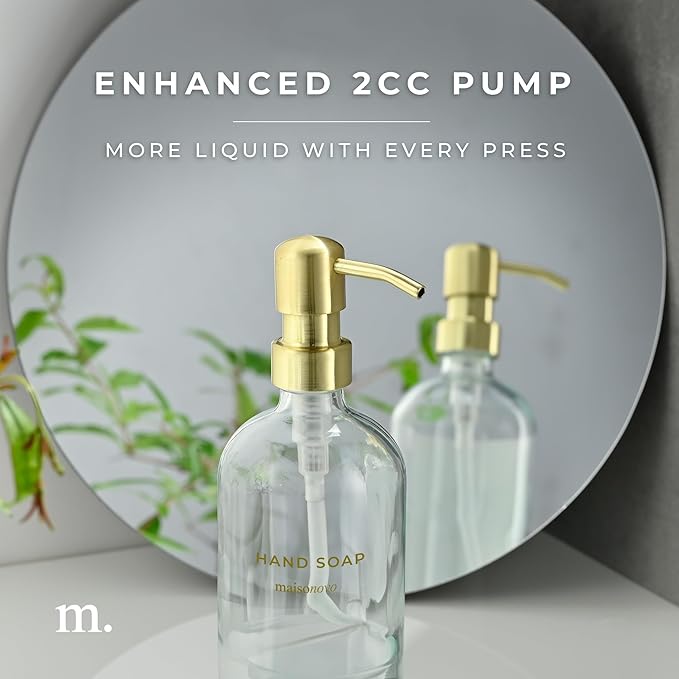 MaisoNovo Soap Dispenser 2-Piece Set | 16.9oz Clear Bottles with Gold Stainless Steel Pump