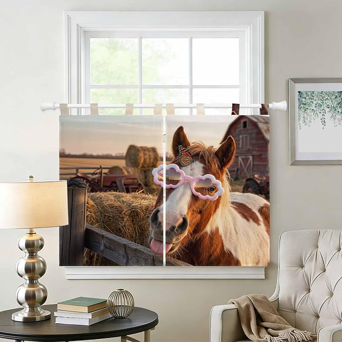 Farm Horses Kitchen Curtains 45 Inch Length, Short Cafe Window Curtains Tab Top - Image 2