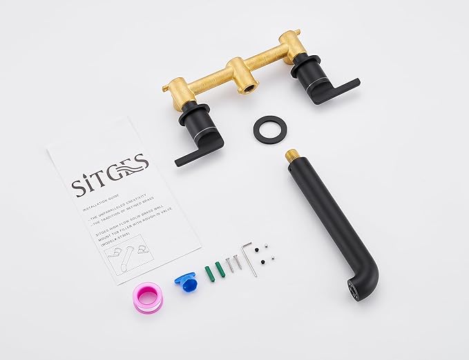SITGES Solid Brass Wall Mount Tub Filler, 10" Long Spout Reach Wall Mount Bathtub Faucet with Two Lever Handles, High-End Design, High Flow Bathtub Faucet Set with Rough-in Valve included, Matte Black