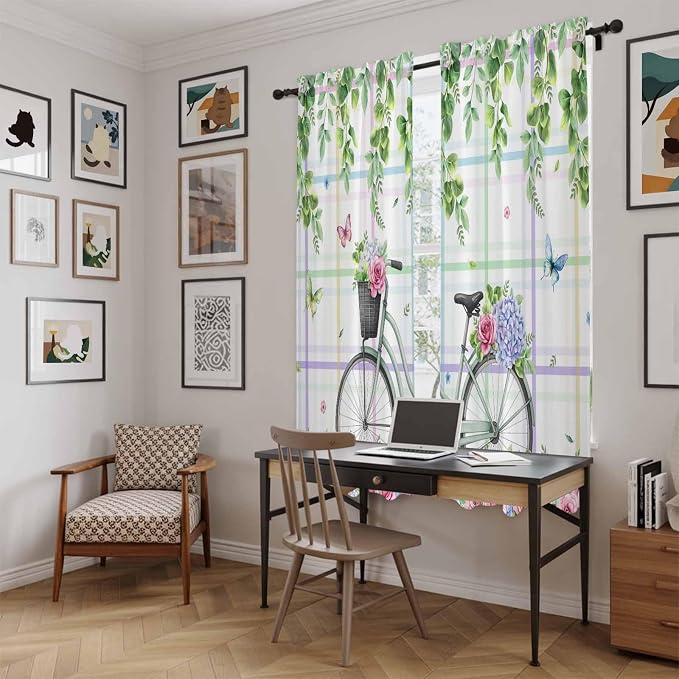 Spring Kitchen Curtains, Bicycles Botanical Leaves Rose Colorful Stripes Light - Image 6