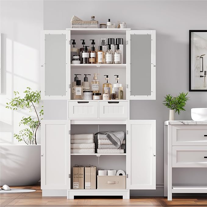 HORSTORS 67" Tall Bathroom Storage Cabinet, Freestanding Linen Cabinet with Glass Door and Shelves, Kitchen Pantry with 2 Drawers for Bathroom, Living Room, Dining Room, Office, White
