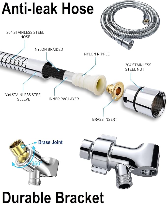 Shower Head With Handheld 7 Settings High Pressure, Built-in Power Wash to Clear Tub, Tile & Pets, 5" High Powerful Hand Held Rain Showerhead with Stainless Steel Hose and Adjustable Bracket