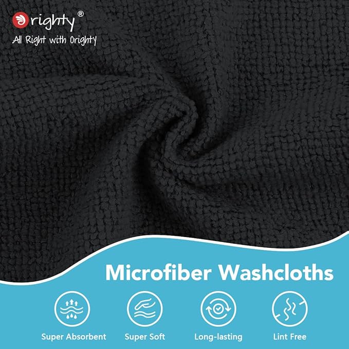Orighty Washcloths Towels Set 20 Pack, Highly Absorbent and Soft Feel Microfiber Face Cloths, Multi-Purpose Wash Cloths & Hand Towels for Bathroom, Hotel, Spa, and Gym, 11.5x11.5 Inch, Black