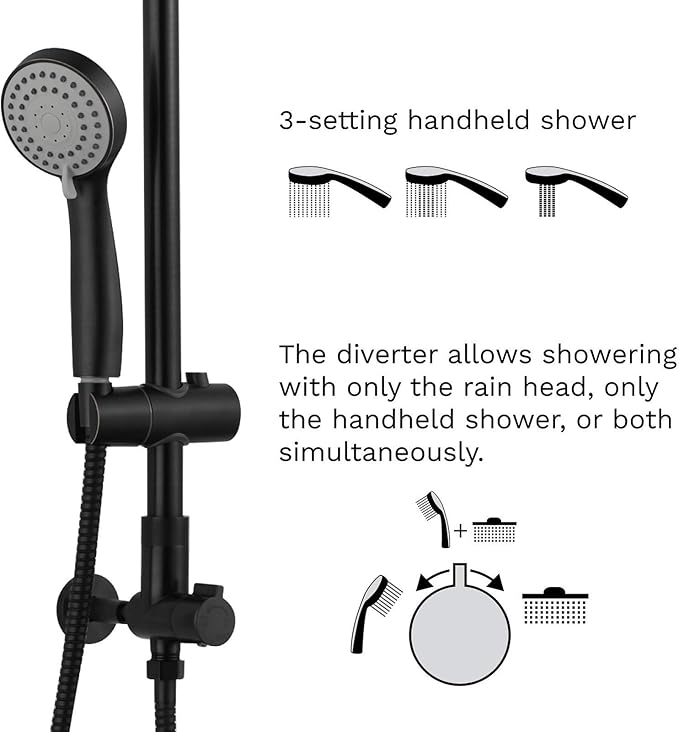 Fennocasa Polaris 1 Rain Shower System, includes 8” Rainfall Shower Head, High Pressure Handheld Combo, 3-Setting Handheld Spray, Height Adjustable Spray Holder, 60” Hose (Oil Rubbed Bronze)