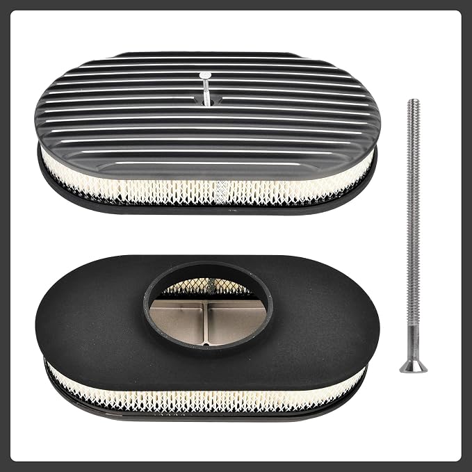 15" Black Aluminum Valve Covers Air Cleaner Kit Oval Full Polished Finned - Image 2