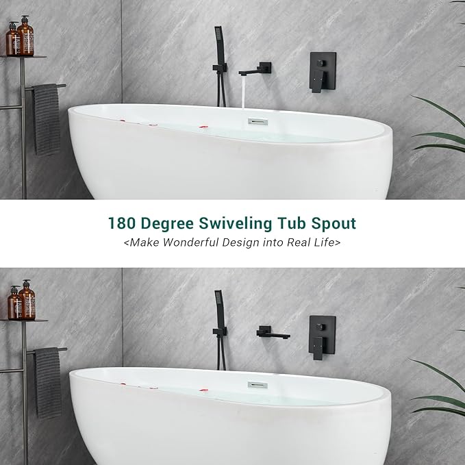 DASAN Swiveling Wall Mount Tub Filler Faucet Set with Hand Held Shower, Matte Black Modern Creative Bathtub Faucet Wall Mounted Bath Tub Faucet with High Flow Rough in Valve, SA-TF05WH-MB