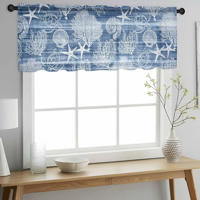 Navy Blue Retro Summer Sheer Valance Curtains, Sea Turtle Starfish Coral Ocean - Image 3