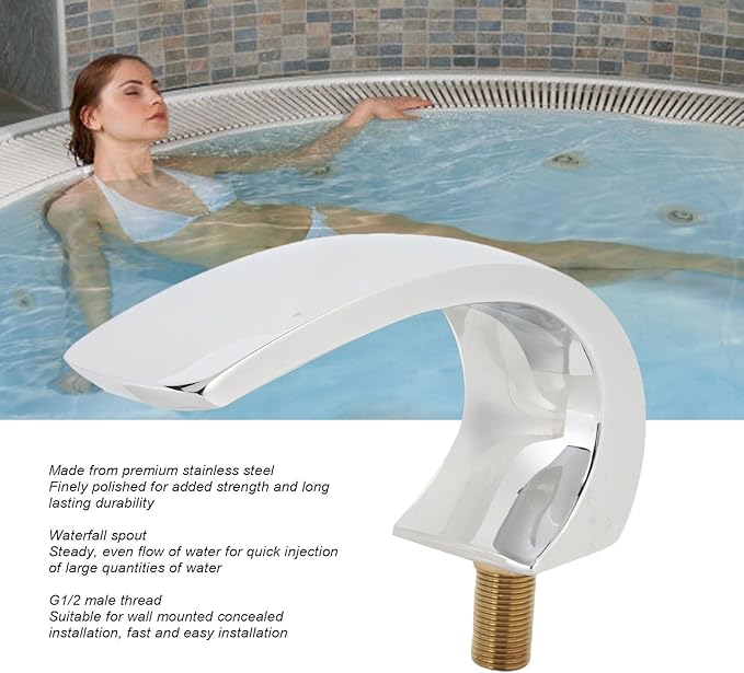 Asixxsix Waterfall Tub Spout, Rounded Curve Wall Mount Tub Filler G1/2 Male Thread Easy Installation Bathroom Tub Faucet Replacement for Spas Massage Bathtubs Regular Bathtubs