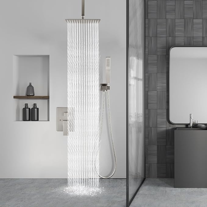 Aolemi Ceiling Mount Shower System Rain Shower Head with Handheld Spray High Pressure Shower Faucet Set Rough-in Valve Shower Trim Kit Included Bathroom Brushed Nickel 8 Inch Ceiling Shower Head