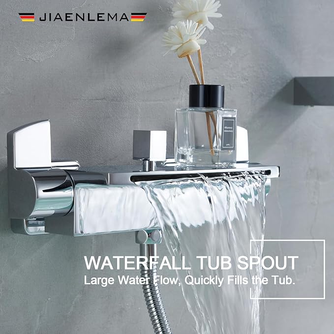 Wall Mount Tub Faucets Chrome Waterfall Tub Faucet with Sprayer, Wall Mount Tub Filler, Brass Bathtub Wall Faucet with Hand Shower, 2 Handles - JIAENLEMA
